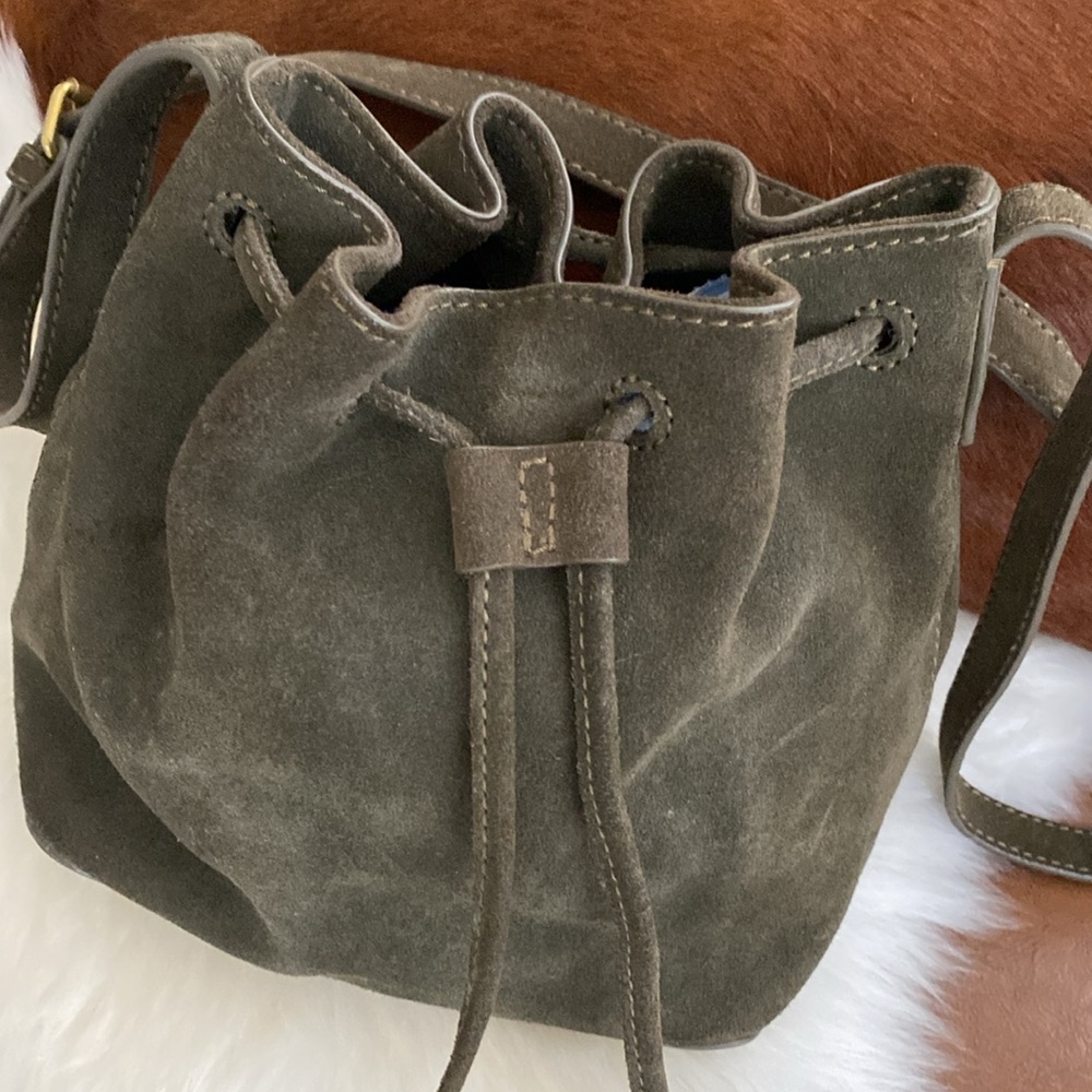 J Crew Olive Suede Small Drawstring Crossbody Bag - image 2